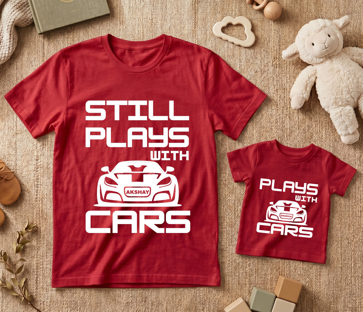 New Born & Baby Clothing | Still Plays With Cars Together Father & Son Twinning Red Sets | Soft T-shirt