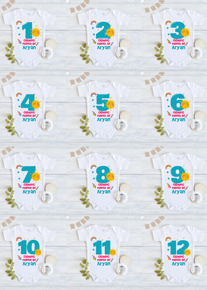 Infant monthly birthday with customized name 12 Months of Love and Happiness onesies