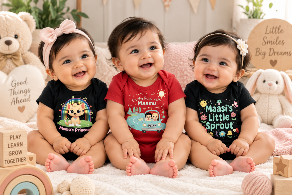 New Born & Baby Clothing | Mama + Masi + Mamu – 3-Piece Baby Bodysuit Combo | Soft Cotton