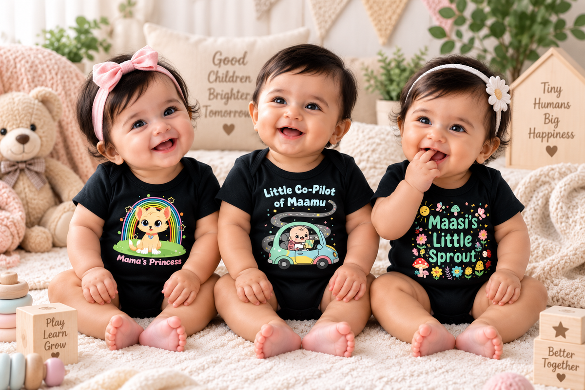 New Born & Baby Clothing | Mama + Mamu + Masi – 3-Piece Baby Bodysuit Combo | Soft Cotton