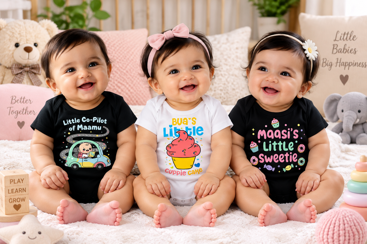 New Born & Baby Clothing | Masi + Bua + Mamu – 3-Piece Baby Bodysuit Combo | Soft Cotton