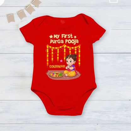 My First Durga Pooja With Customized Baby Name  _ Red Bodysuits