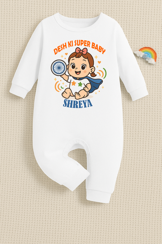 Desh ka superbaby with customised baby girl name  _White Full Romper