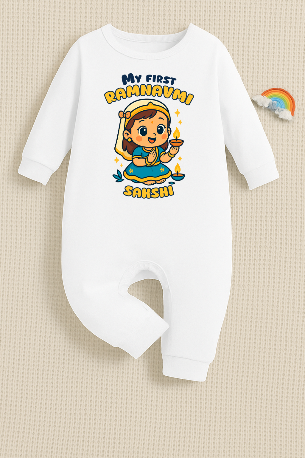 My First Ramnavmi with Customized Baby Girl Name _ Full White Romper