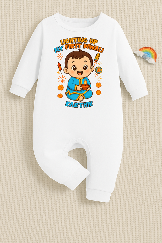 Lighting Up My First Diwali  With Customized Baby Boy Name _ Full White Romper