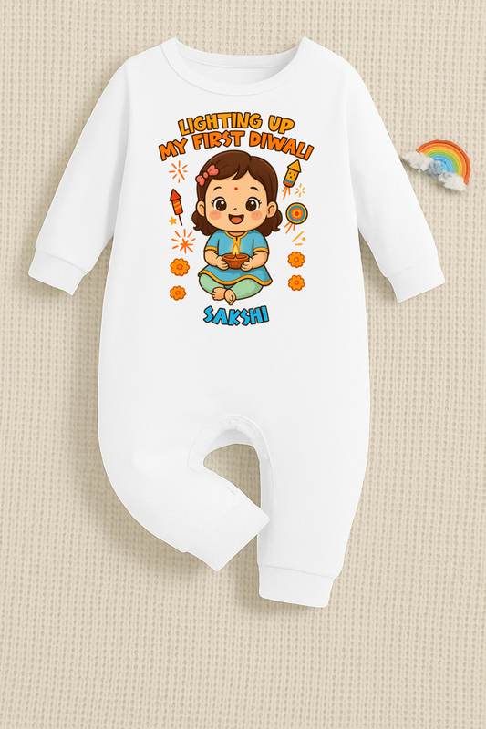 Lighting Up My First Diwali  With Customized Baby Girl Name _ Full White Romper