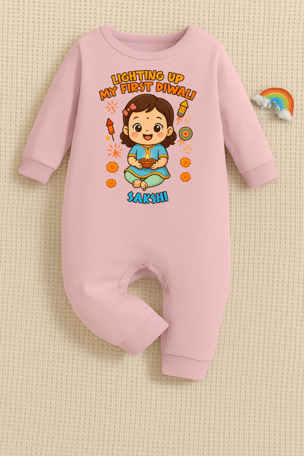 Lighting Up My First Diwali  With Customized Baby Girl Name _ Full Pink Romper