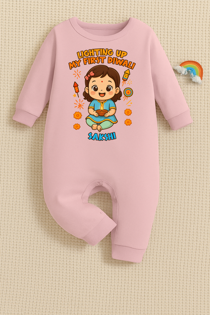 Lighting Up My First Diwali  With Customized Baby Girl Name _ Full Pink Romper