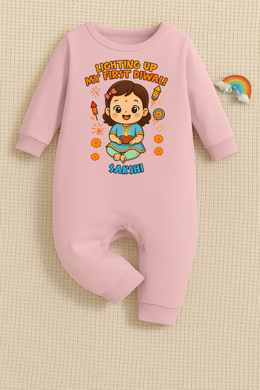 Lighting Up My First Diwali  With Customized Baby Girl Name _ Full Pink Romper