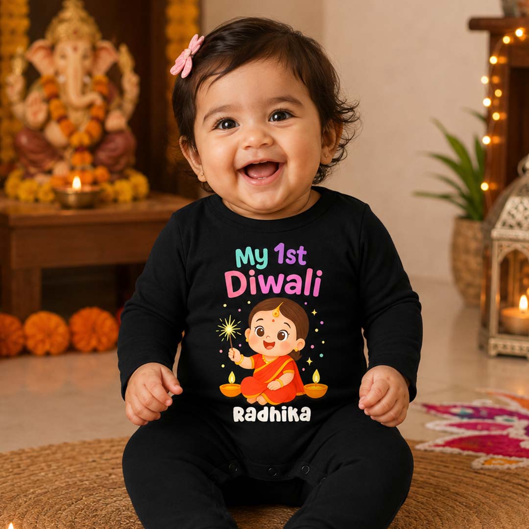My 1st Diwali With Customized Baby Girl Name  _ Full Black Romper