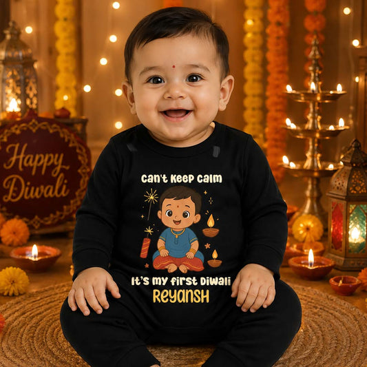 Can't Keep Calm It's My First Diwali With Customized Baby Girl Name  _ Full Black Romper