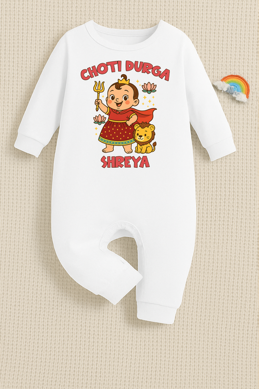 Choti Durga with Customized Baby Girl Name _ Full White Romper