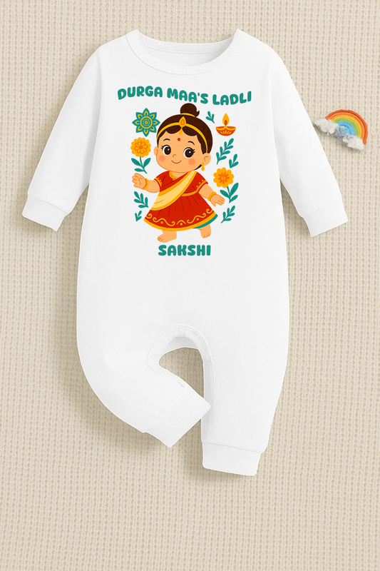 Durga Maa's Ladli  With Customized Baby Girl  Name _ Full White Romper