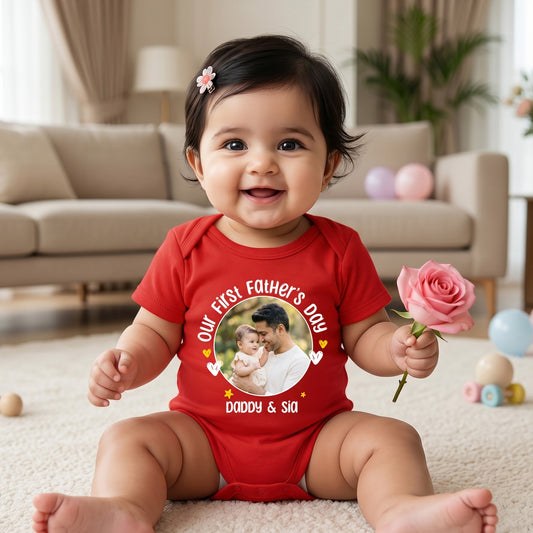 New Born & Baby Clothing | Our First Father's Day Together With Customized Baby Name & Photo Red Bodysuit | Soft T-shirt