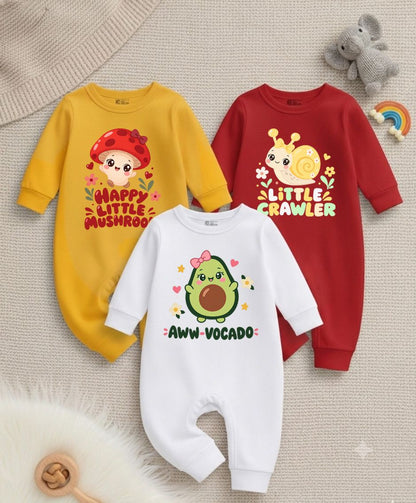 Karmikh Baby Romper Combo of 3 for Boys & Girls | Happy Little Mushroom, Aww-vocado & Little Crawler | Full Sleeve Printed Baby Rompers | Sizes 0–3M to 9–12M