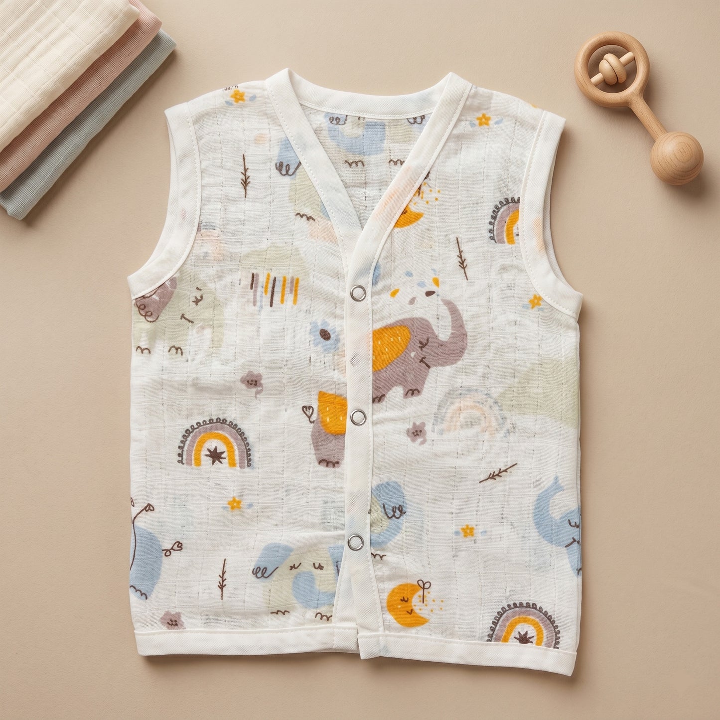 New Born & Baby Clothing | Sleeveless Muslin Baby Dress (0-3 Months)Elephants Cute Print | Soft Cotton
