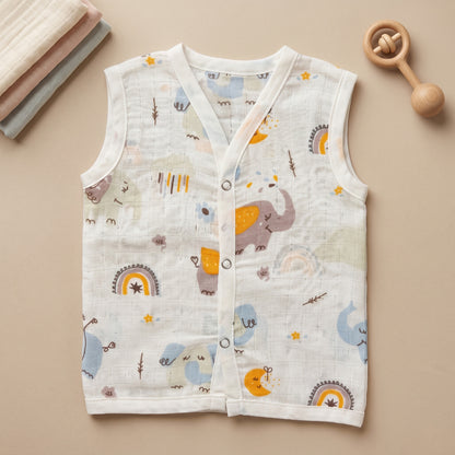 New Born & Baby Clothing | Sleeveless Muslin Baby Dress (0-3 Months)Elephants Cute Print | Soft Cotton