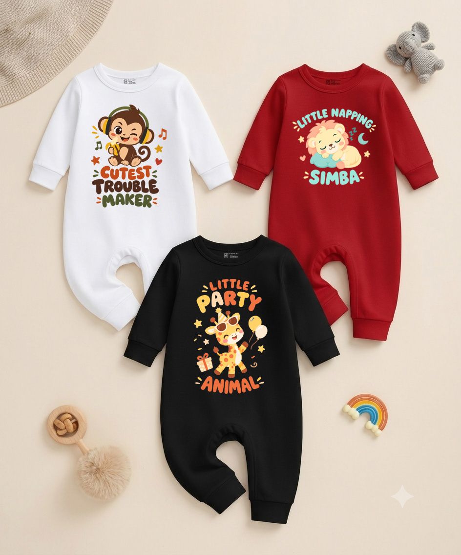 Karmikh Baby Romper Combo of 3 for Boys & Girls | Cutest Trouble Maker, Little Napping Simba & Little Party Animal | Full Sleeve Cotton Baby Rompers | 0–12 Months