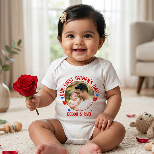New Born & Baby Clothing | Our First Father's Day Together With Customized Baby Name & Photo White Bodysuit | Soft T-shirt