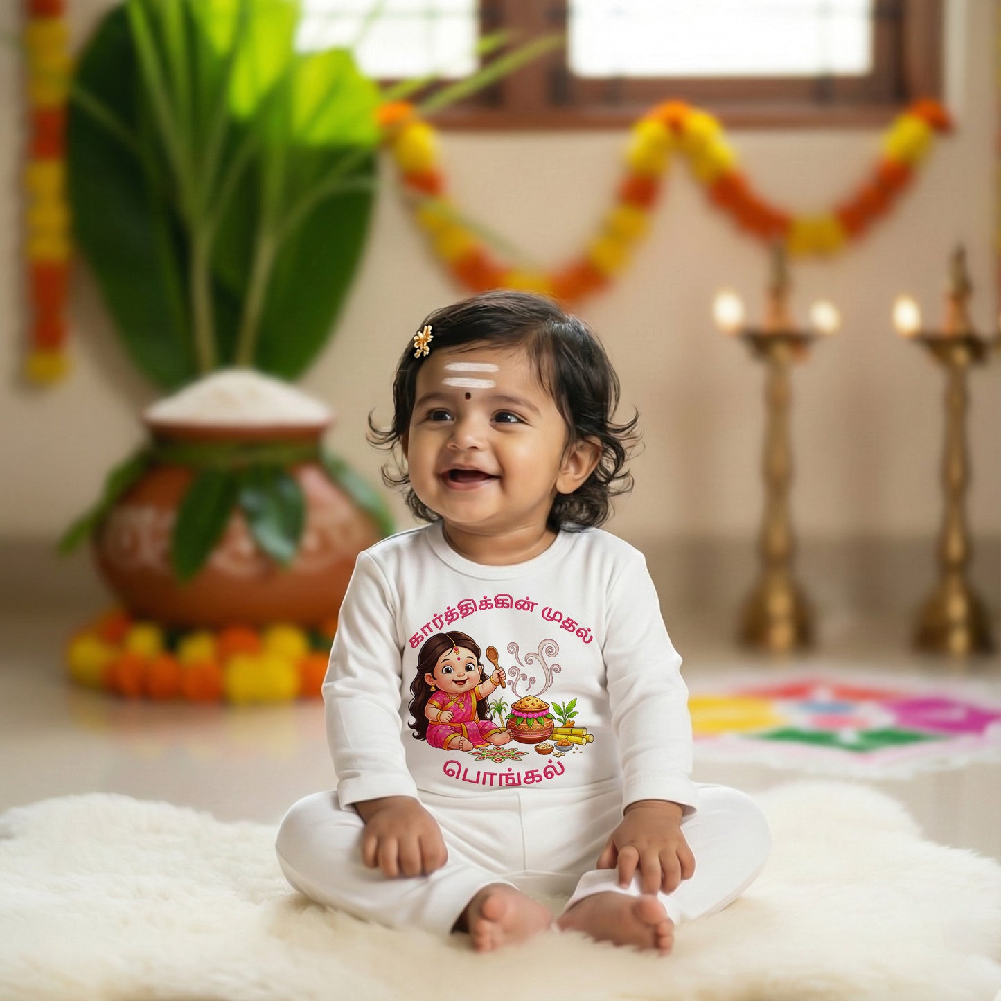 anushka's first pongal With Customized Baby Name In Tamil _  White Full Romper