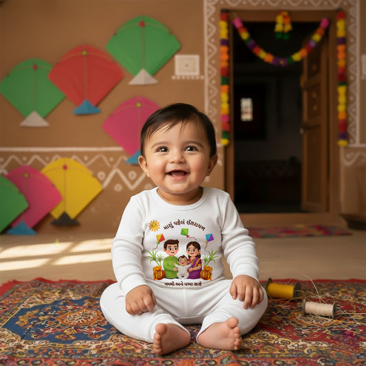 My first Uttarayan, Mommy and Daddy together _White Full Romper