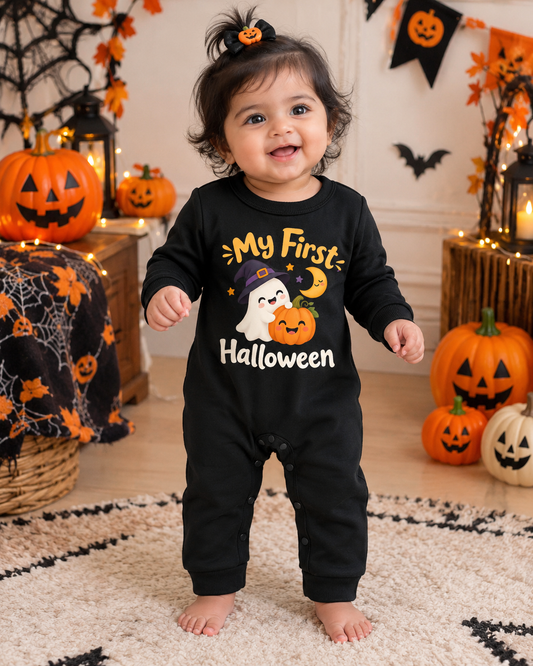 My First Halloween – Ghost & Pumpkin Baby Full Romper 👻🎃🖤