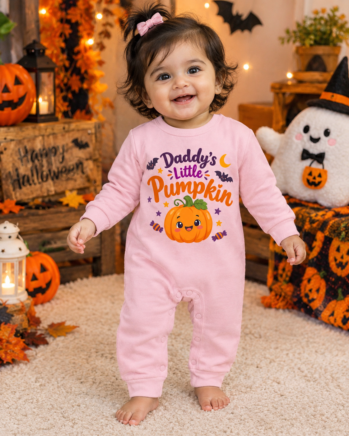 My First Halloween – Daddy's Little Pumpkin  Pink Full Romper 🎃🖤👻