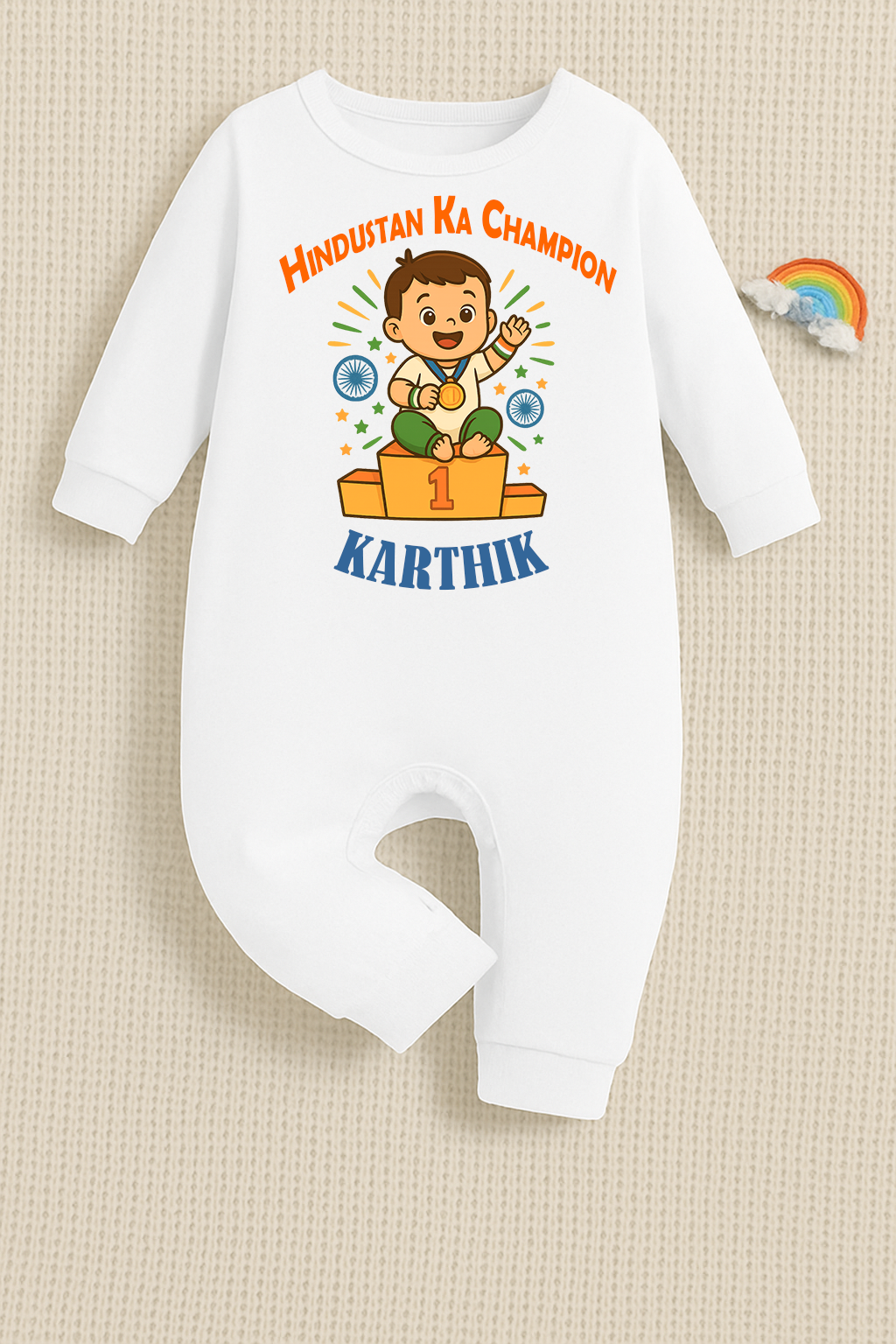 Champion Baby  with customised baby name  _White Full Romper