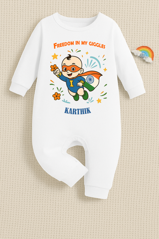 Freedom In My Giggles! with customised baby name  _White Full Romper