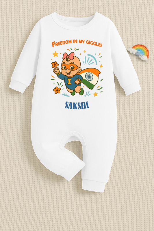 Freedom In My Giggles! with customised baby girl name  _White Full Romper