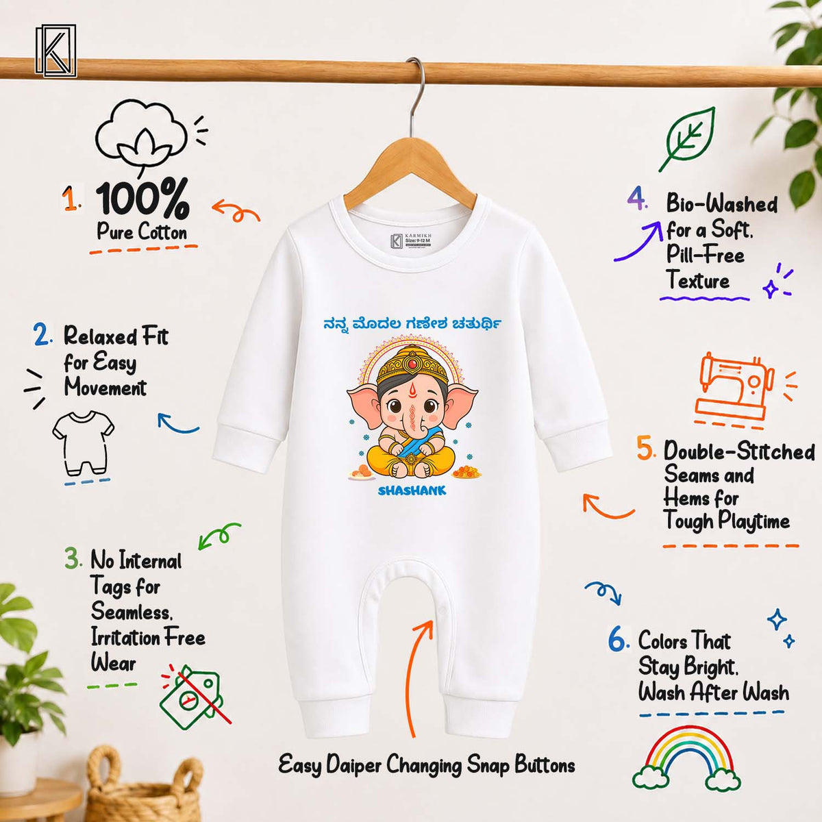 My First Ganesh Chaturthi in Kannada with customised name_ Full White Romper