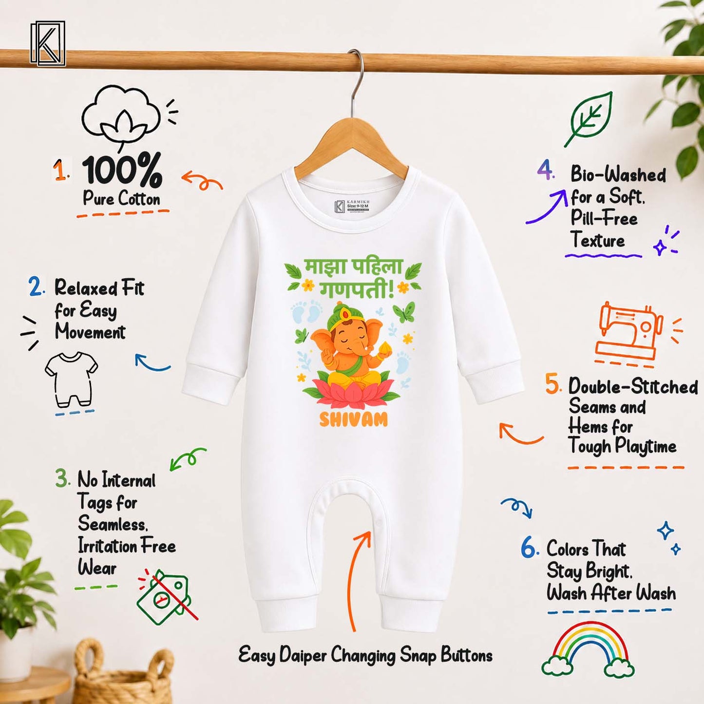 My First Ganpati with customised name_ Full White Romper