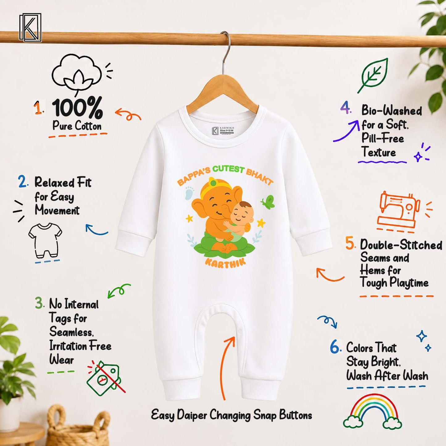 Bappa's Cutest Bhakt with customised name_ Full White Romper