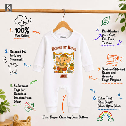 Blessed By Bappa with customised name_ Full White Romper