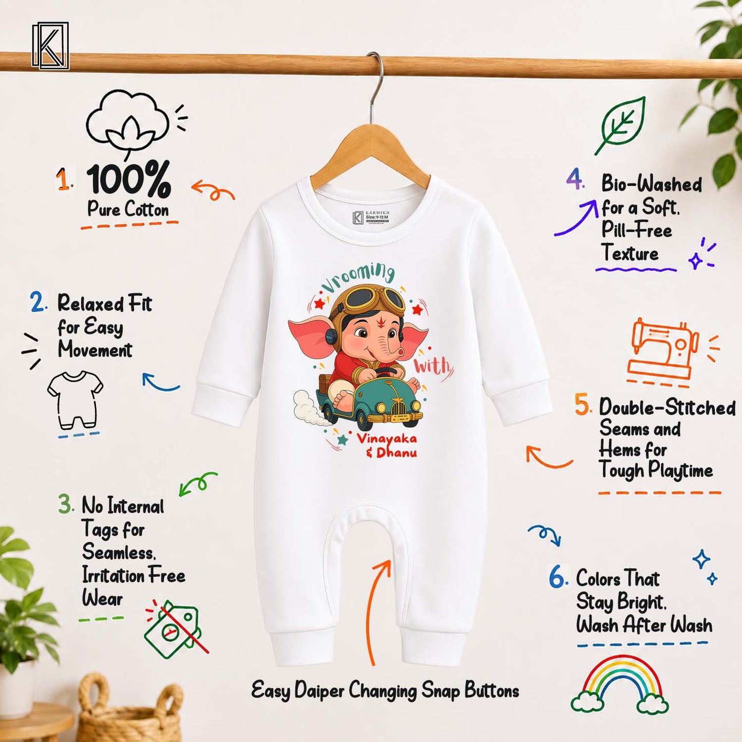 Vrooming with Vinayaka with customised name_ Full White Romper