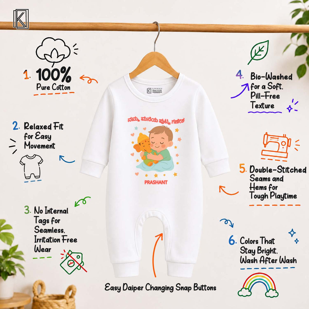 Nama mane muddu ganesha with customised name_ Full White Romper