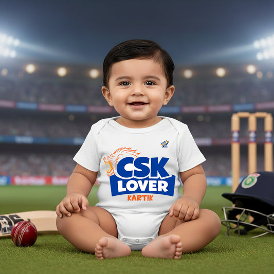 New Born & Baby Clothing | Baby’s CSK Lover With Customized Baby Name White Bodysuit  | Soft Cotton