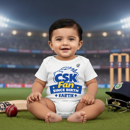 New Born & Baby Clothing | Baby’s CSK Fan Since Born With Customized Baby Name White Bodysuit | Soft Cotton
