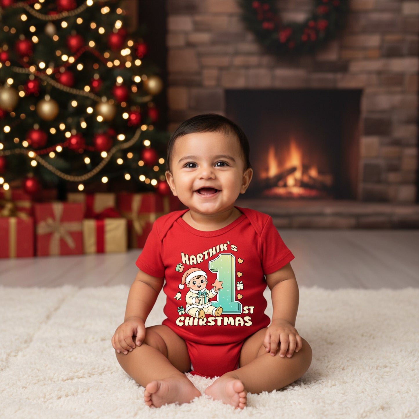 Karthik's First Christmas 03 _ Red Onesie