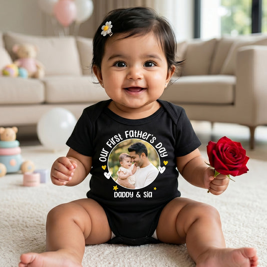 New Born & Baby Clothing | Our First Father's Day Together With Customized Baby Name & Photo Black Bodysuit | Soft T-shirt