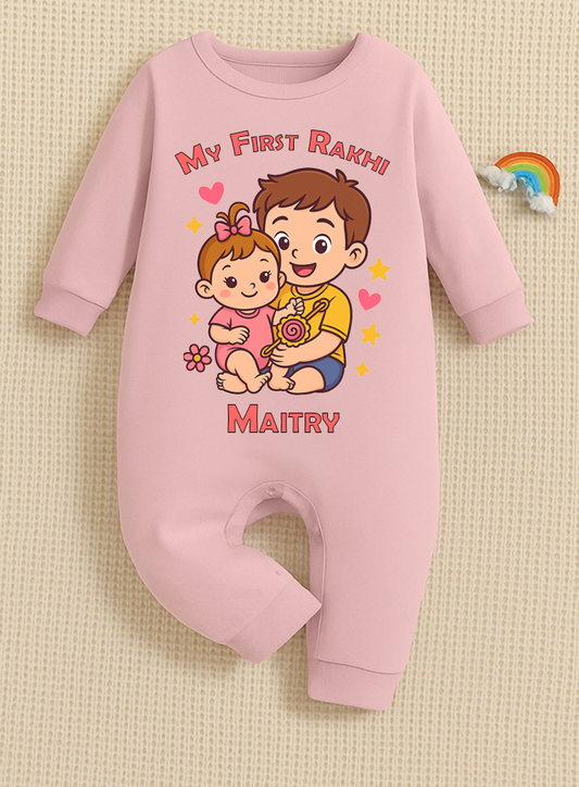 My First Rakhi with customised name_ Adorable  Sis-Bro  Pink Full Romper