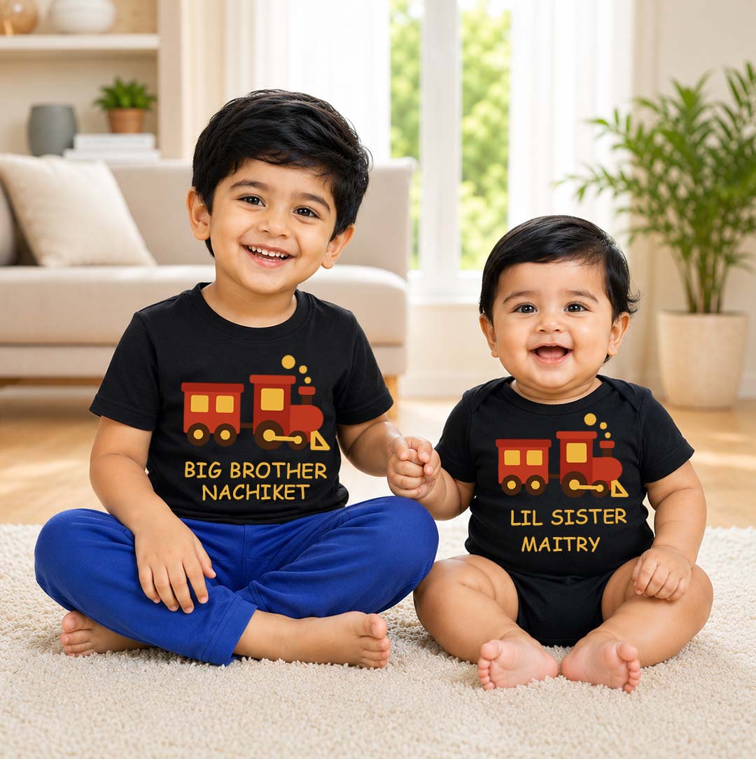 Combo pack of Big Brother, Little Sister cute train design with Customised Name_ Black Tees & Onesie