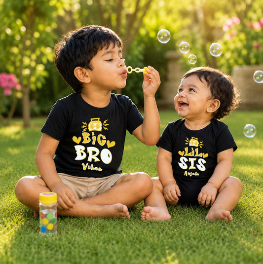 Combo pack of Big Brother, Little Sister with Customised Name_ Black Tees & Onesie