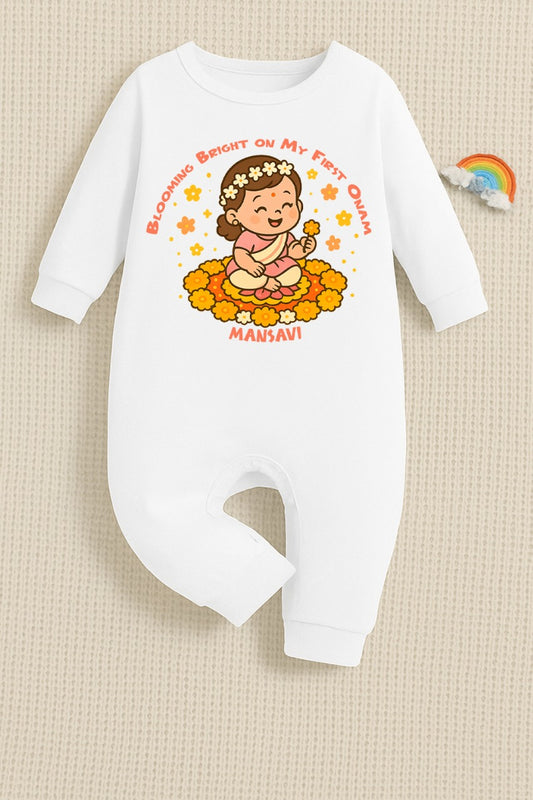 Blooming Bright On MY first Onam with customised name _ White Full Romper