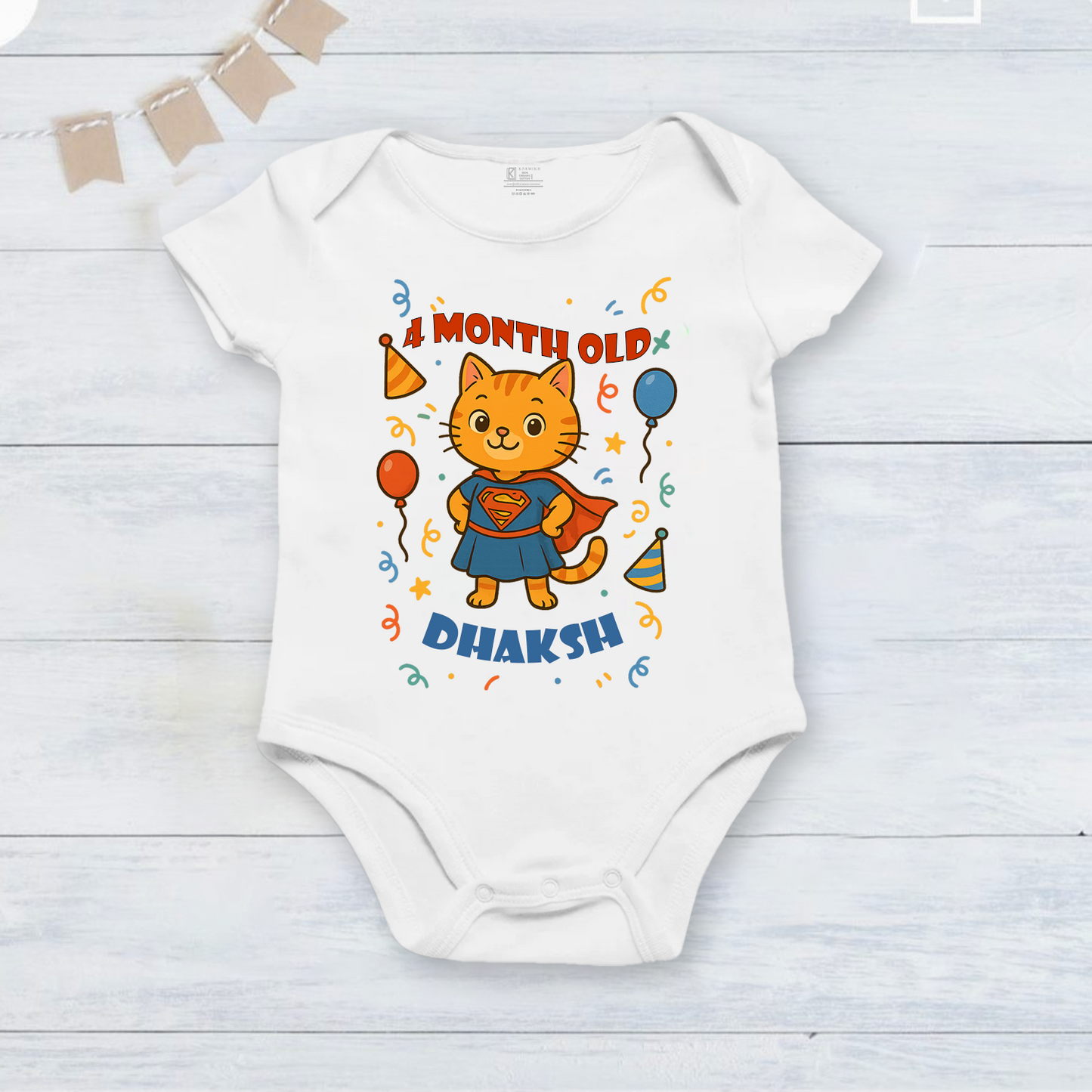Infant monthly birthday 12 Months of Love cute super cat design_ Customized name White Onesie