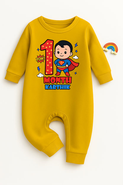 Infant monthly birthday Super Baby With Customized Baby Name _ Full Yellow Romper