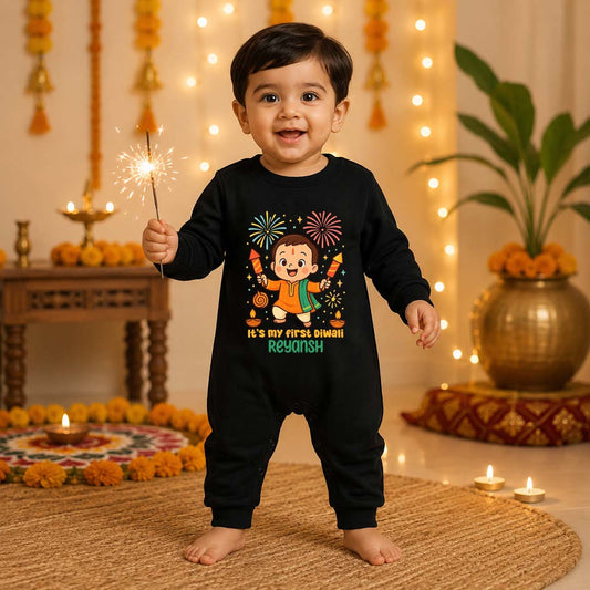 It's My First Diwali With Customized Baby Boy Name  _ Full Black Romper