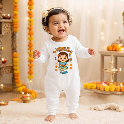 Lighting Up My First Diwali  With Customized Baby Girl Name _ Full White Romper