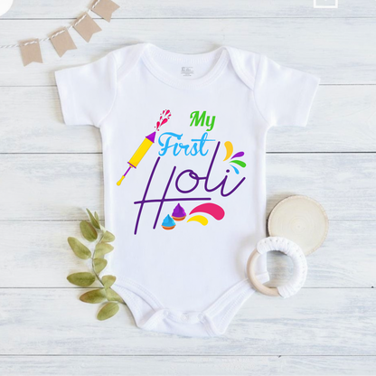 New Born & Baby Clothing | Baby My First Holi | Soft Cotton White Onesies