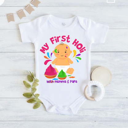 New Born & Baby Clothing | Baby My First Holi With Mumma & Papa Dress| Soft Cotton